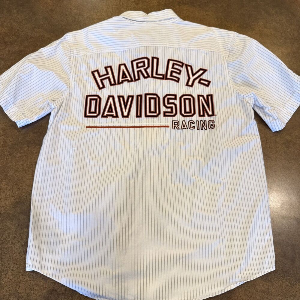 Harley Davidson Racing Mens Striped Garage Button Up Embroidered Pockets Med
